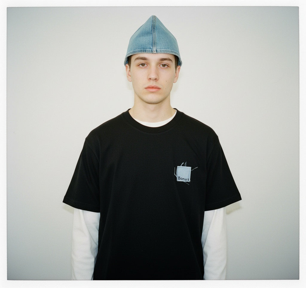 Front view of black streetwear T-shirt by BONUS — premium cotton — denim embroidered detail 