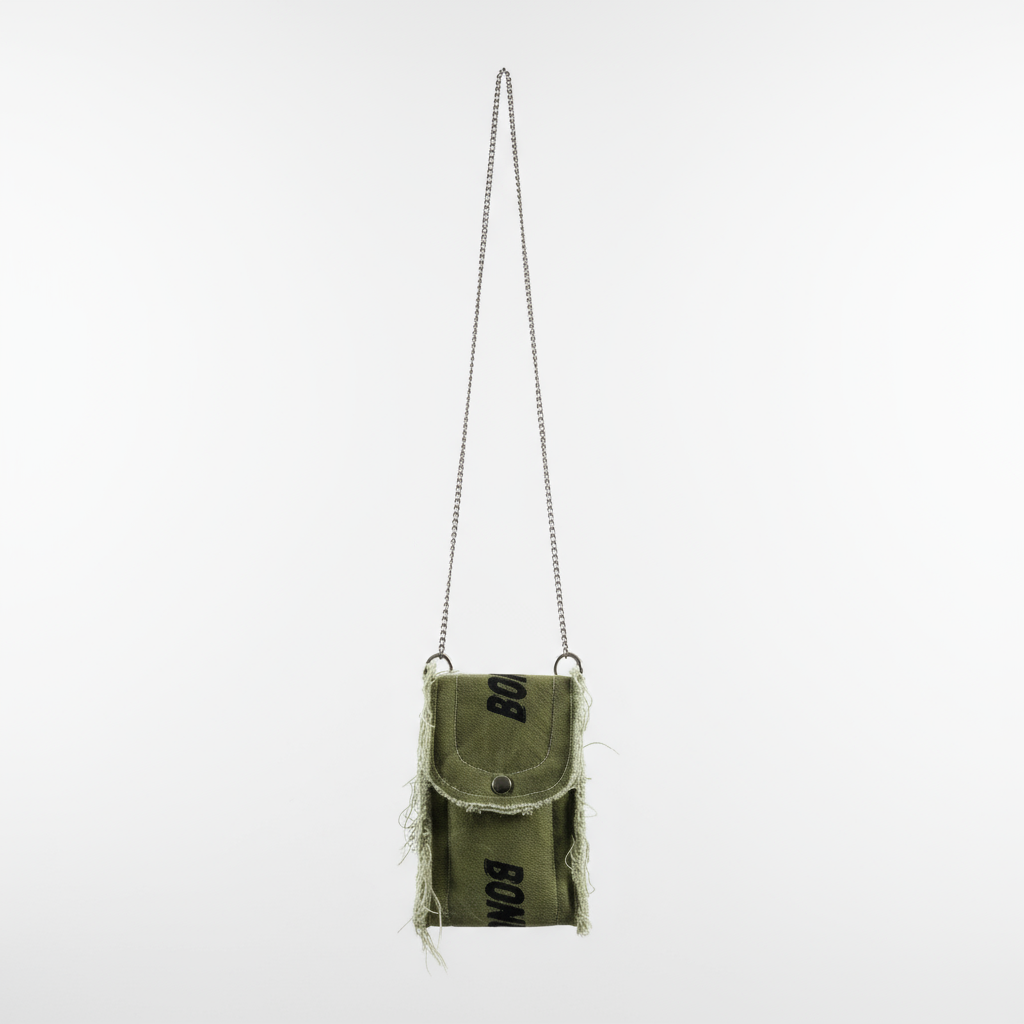 Front view basic denim phone holder — handcrafted limited edition — unique piece accessory for men and women. 