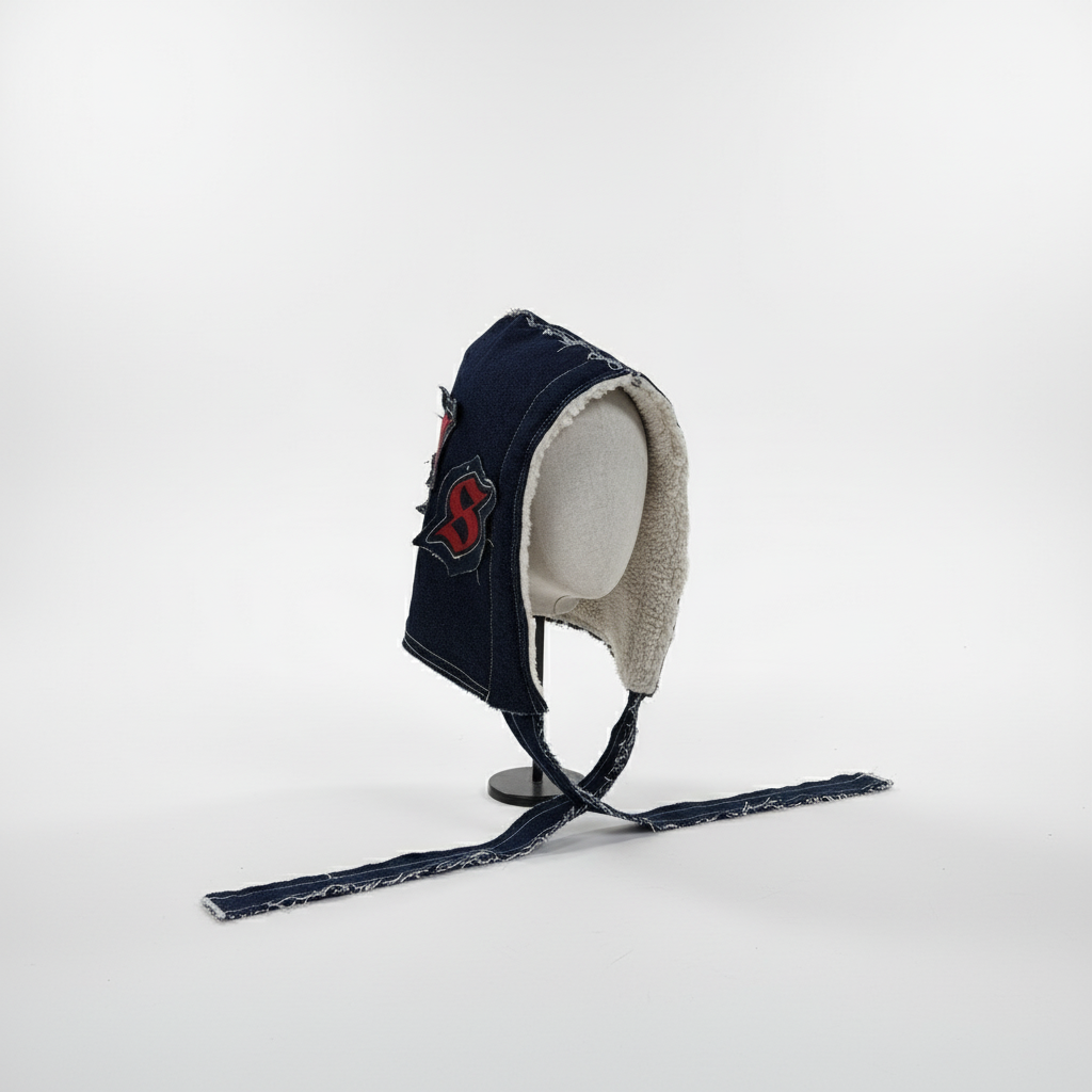 Close-up hood detail with premium denim texture — handmade limited edition winter hat for men and women, handcrafted in Barcelona. 